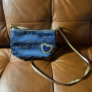 COACH Signature Navy Gold Heart Accent Small Shiny Crossbody Bag